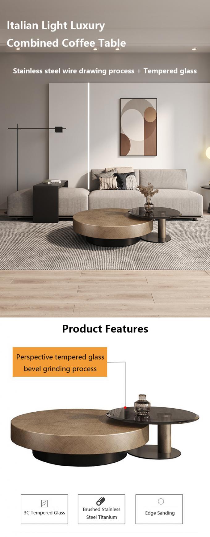 Tempered Glass Gold Metal Yuvarlak Kahve Masası Çağdaş Davul Şekli 0
