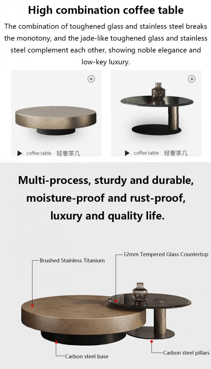 Tempered Glass Gold Metal Yuvarlak Kahve Masası Çağdaş Davul Şekli 2