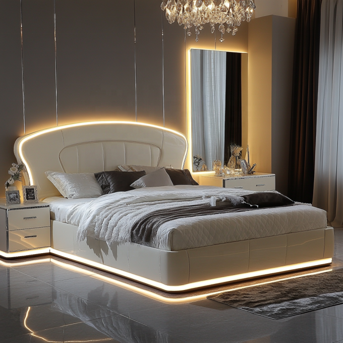 Düzenlenebilir Modern Tasarım Kraliçe Boyutu Ahşap Yatak İtalyan Lüks Kraliyet Aynalı Kral Yatak Odası Evde veya Otel Odasında 3