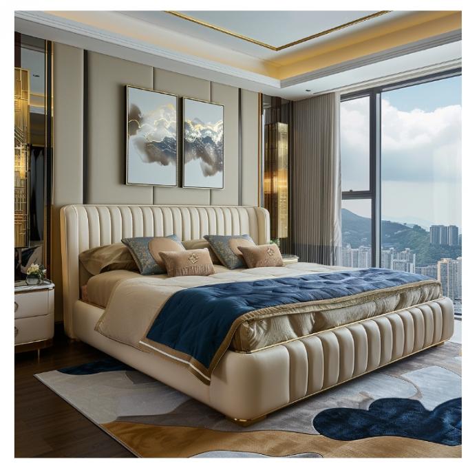 Salon Modern Deri Master Yatak Çift Yatak Katı Ahşap Depolama İtalyan Deri Yatak Çerçevi Ev Otel Daire Mobilyaları 5