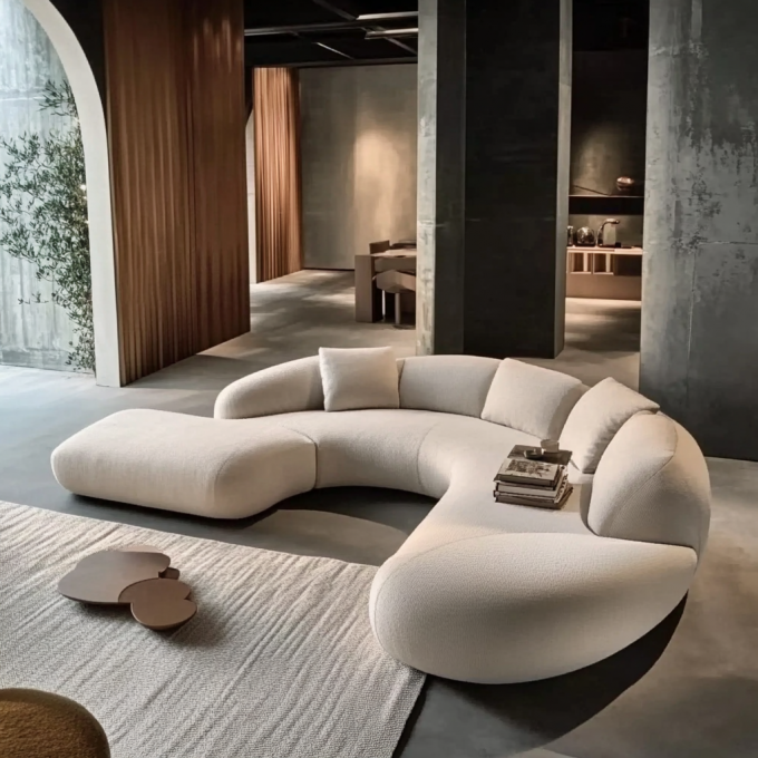 Modern Minimalist Lüks Ahşap Kanepe Set Yarım Daire Tasarımcı Yuvarlak Eğri Kanepe Yemek İçin Yaşama Atölyesi 5