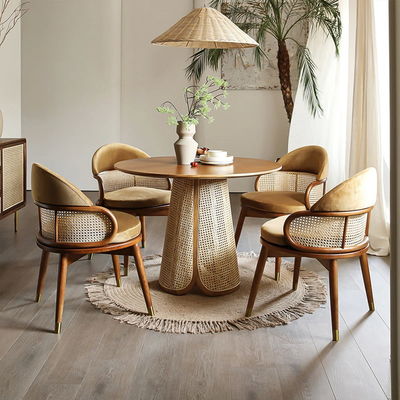 Wicker Rattan Yemek Masası ve Sandalyeleri Modern Katı Ahşap Setleri