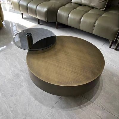 Tempered Glass Gold Metal Yuvarlak Kahve Masası Çağdaş Davul Şekli